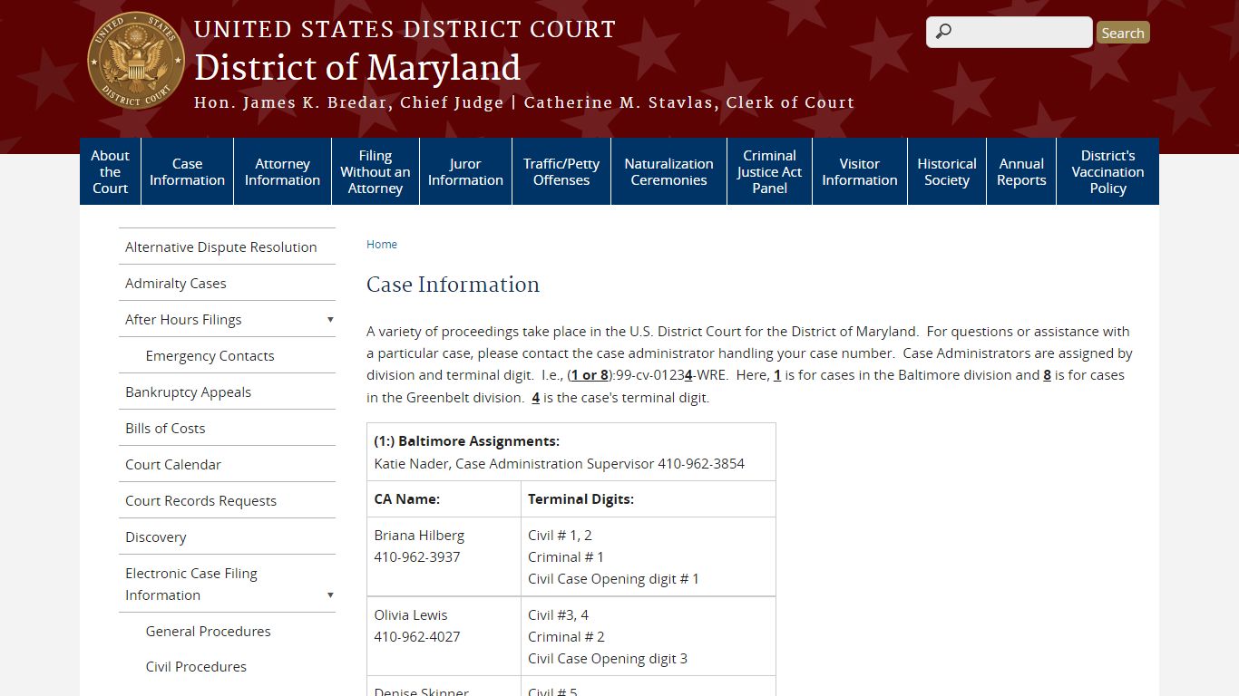 Case Information | District of Maryland - United States Courts